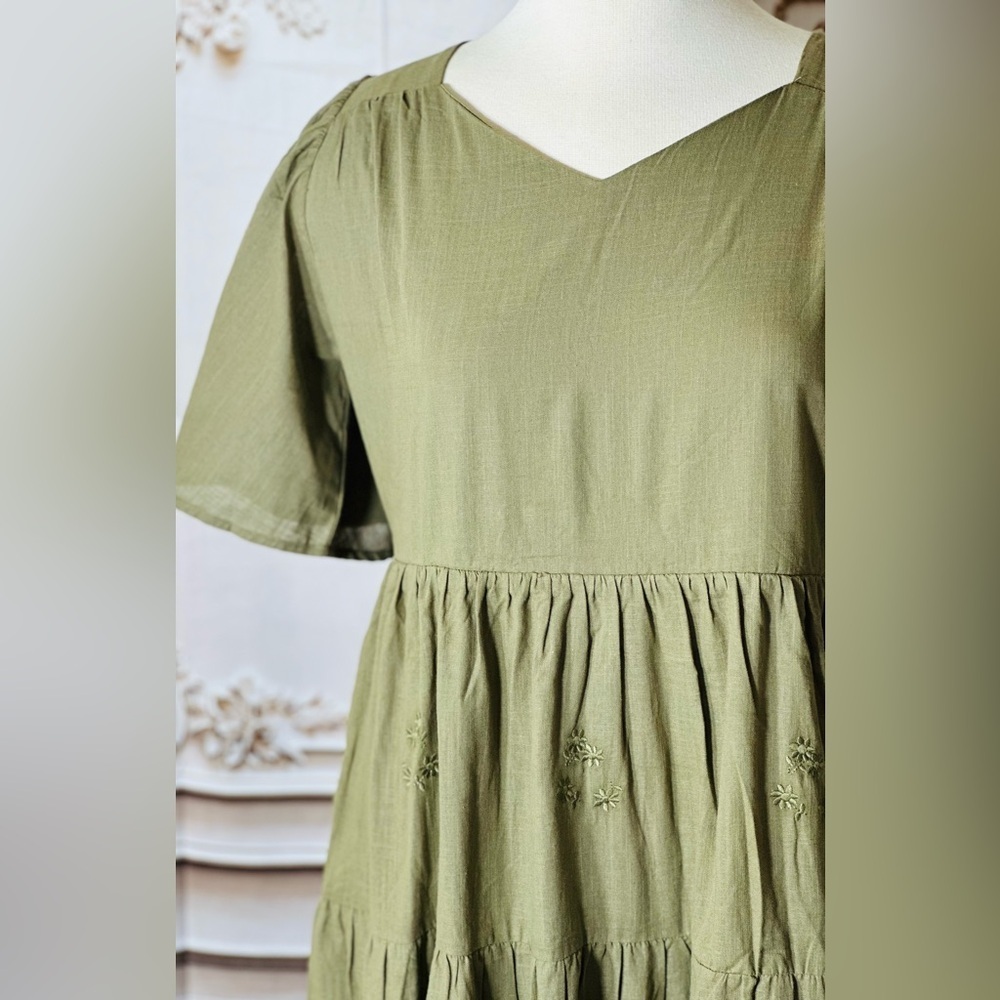 Olive Tiered V-Neck Maxi Dress with Flutter Sleeves - Picture 4 of 8